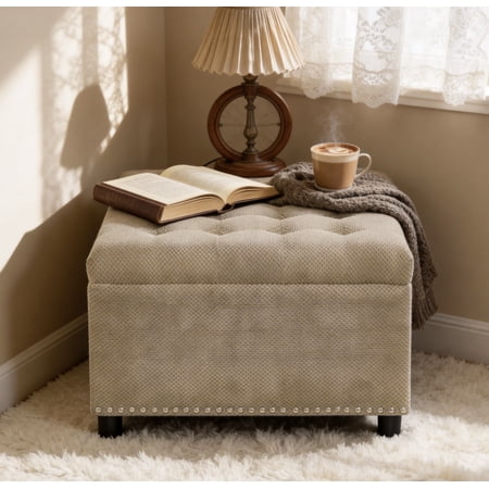 Multifunctional Storage Ottoman Square Tufted Upholstered Footstool as Coffee Table and Storage Bench for Small Space Living Room Bedroom Decor.Camel