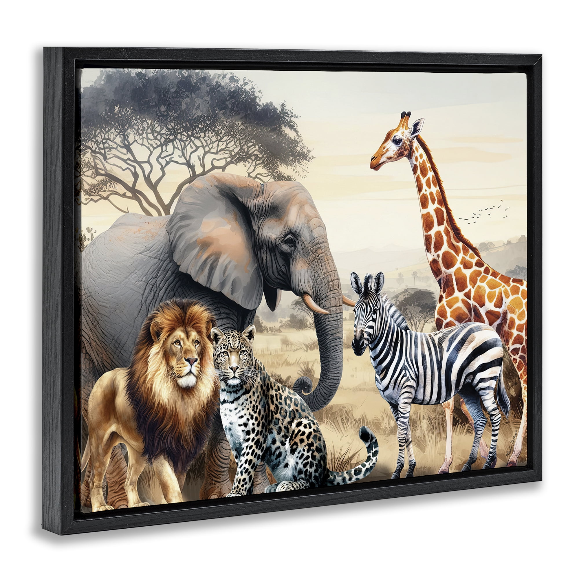 Stupell Industries Grouped Jungle Animals Animals Painting Black Floater Framed Canvas Art Print Wall Art, 21 x 17