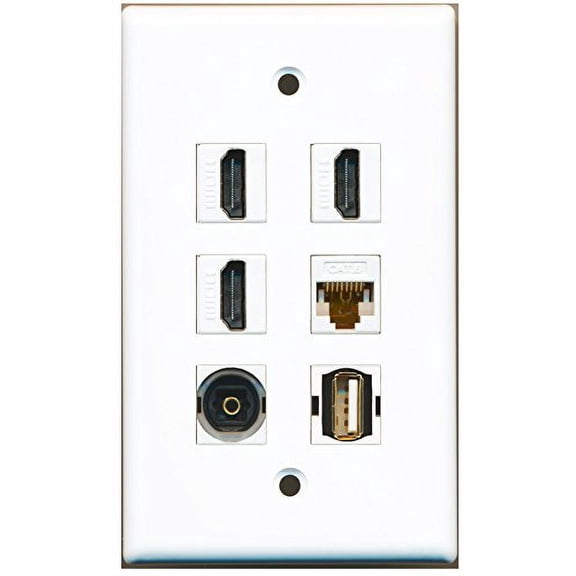 RiteAV - 3 HDMI 1 Port USB A-A 1 Port Toslink 1 Port Cat6 Ethernet White Wall Plate