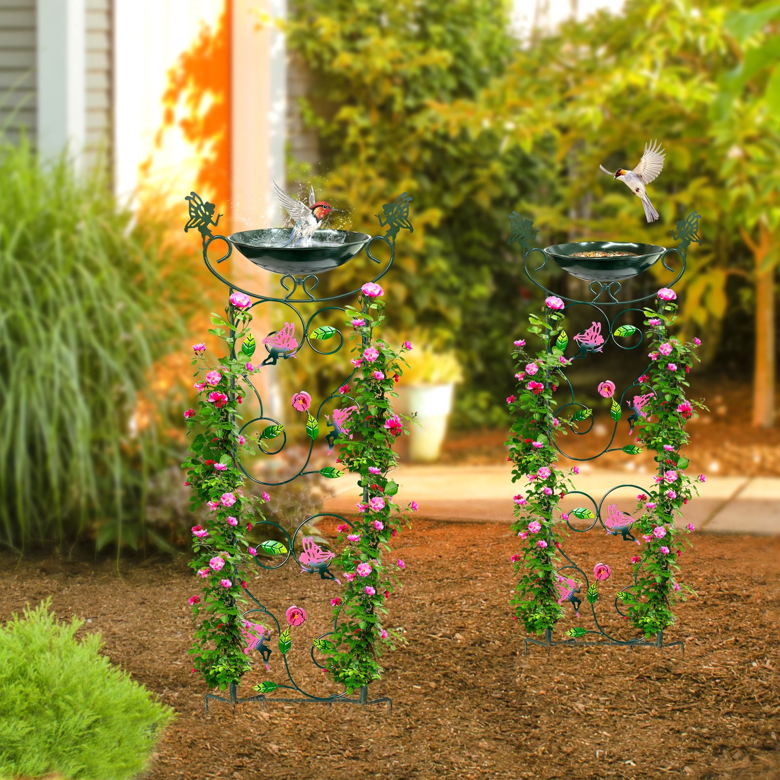 Green Flower Fairy Garden Bird Bath with Trellis and Plant Stake - 36" Height, Hongland Brand (1 Pc)