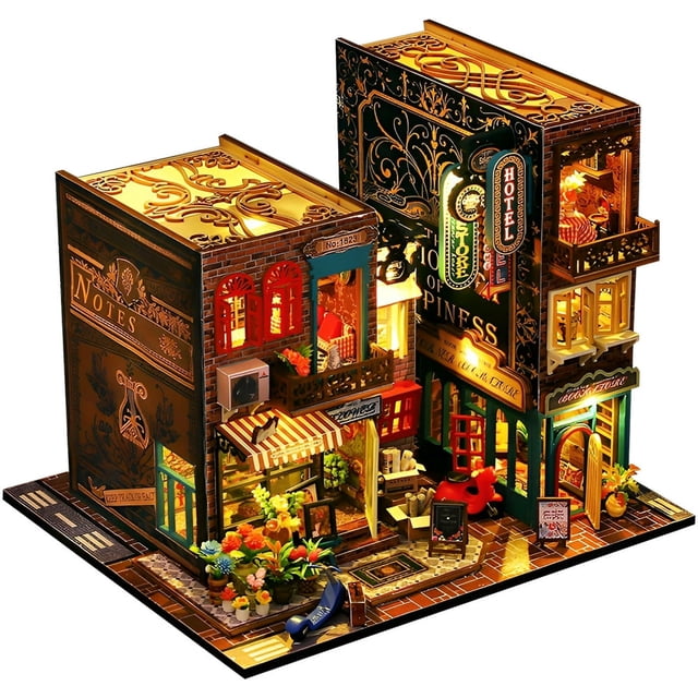 DIY Book Nook Kit 3D Wooden Puzzle Bookshelf Insert Decor with LED Light DIY Miniature Dollhouse Model Kit Creative Decorative Bookend Building Kits for Kids 25 x 21 x 20.3cm