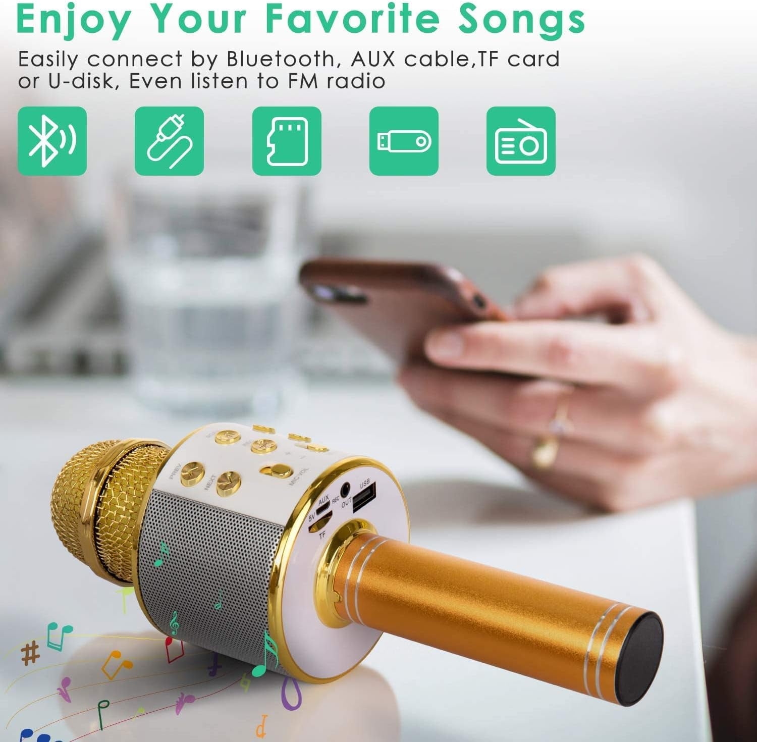 Wireless Bluetooth Karaoke Microphone for Kids, 5-in-1 Portable Handheld Karaoke Mic Speaker Player Recorder with Adjustable Remix FM Radio for Kids Girls Boys Teens Birthday