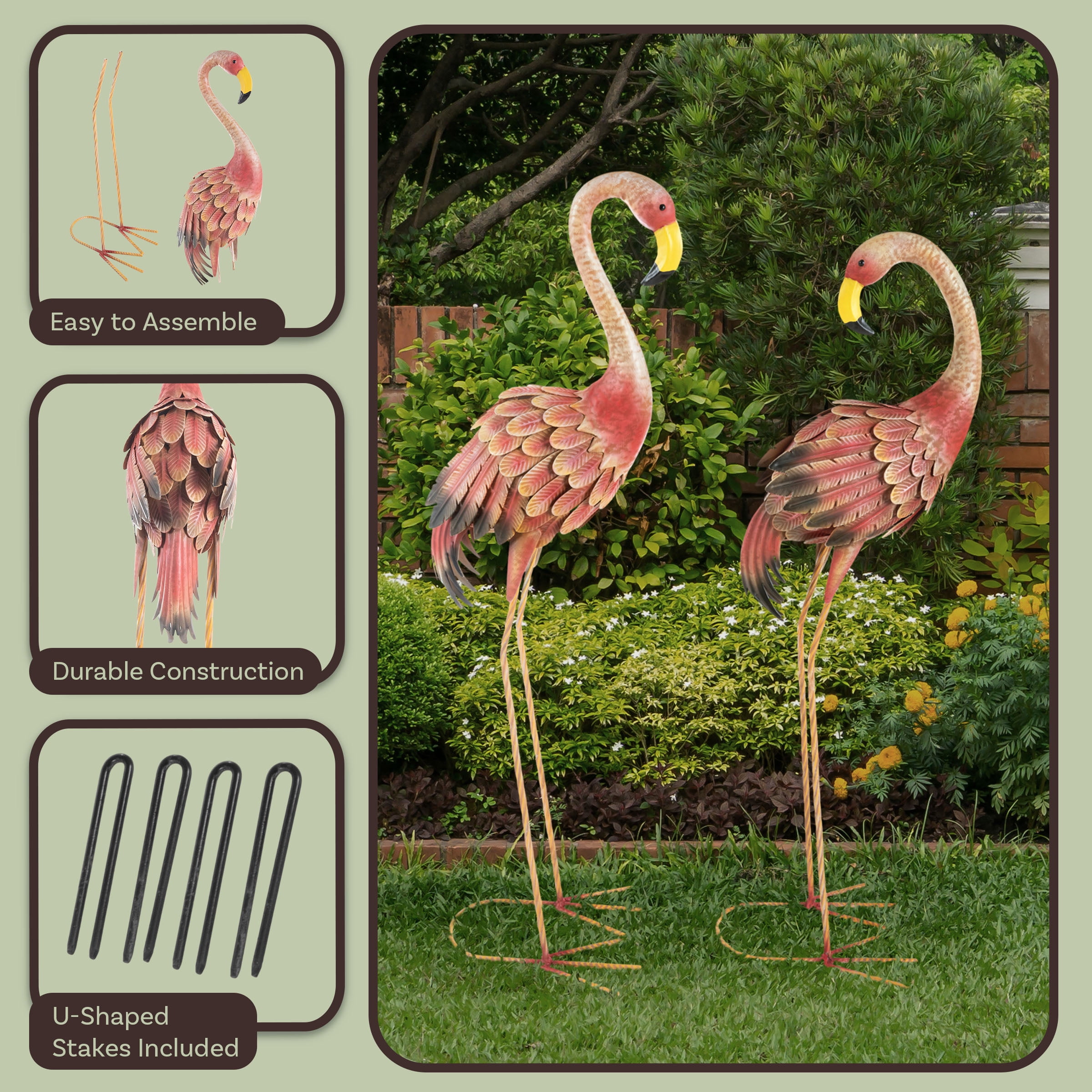 Pure Garden Set of 2 Metal Yard Art Flamingo Statues