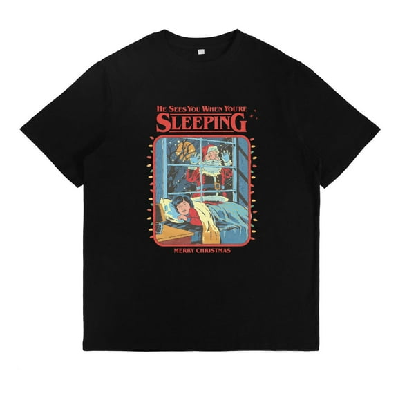 Christmas Retro T Shirt He Sees You When Youre Sleeping Santa Graphic Tee Top Short Sleeve Round Neck Black S-5XL