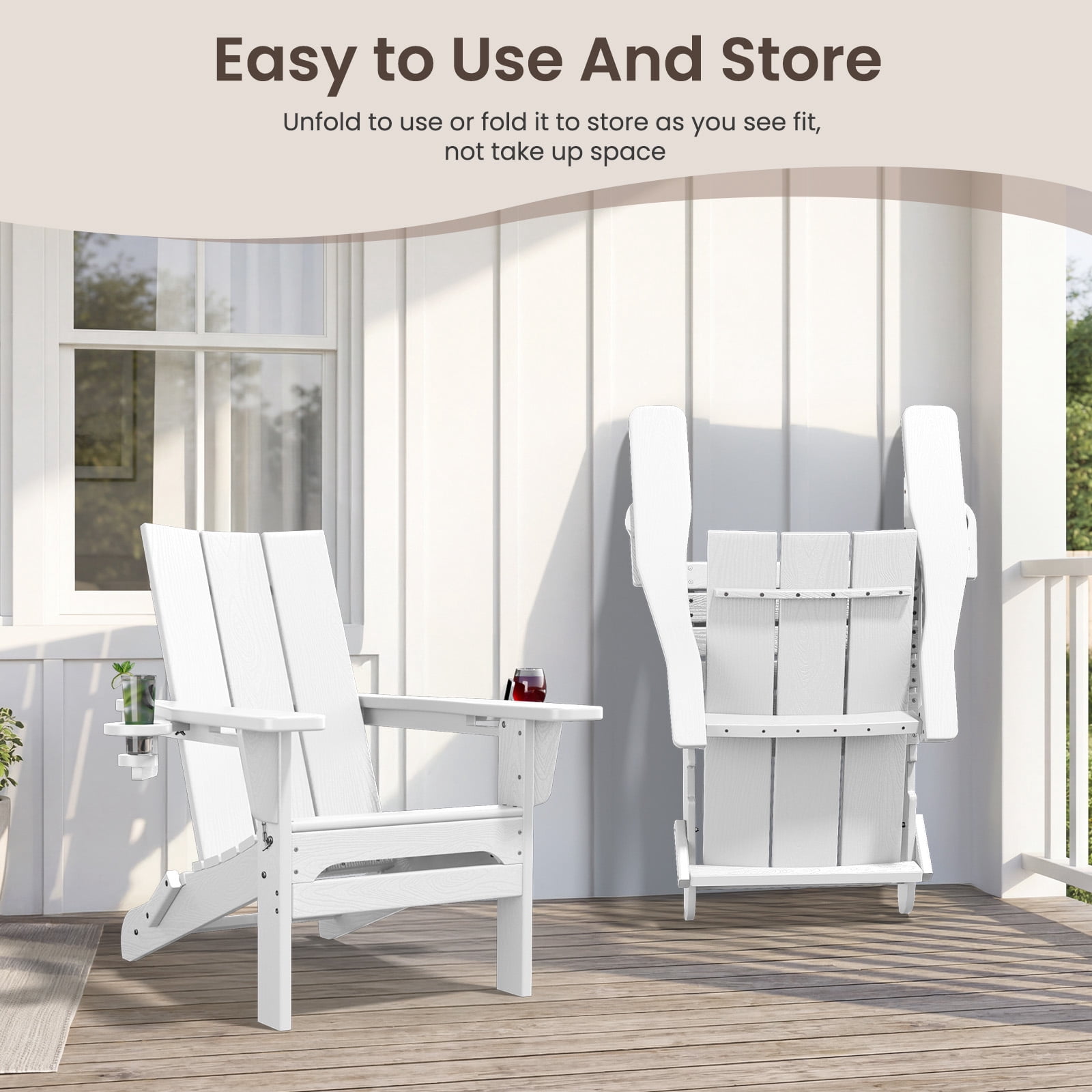 RIAFUN HDPE Foldable Adirondack Chair, Outdoor Patio Chair with 2 Cup Holders, Heavy Duty All-Weather Seating for Lawn,Porch,Deck,Backyard, White
