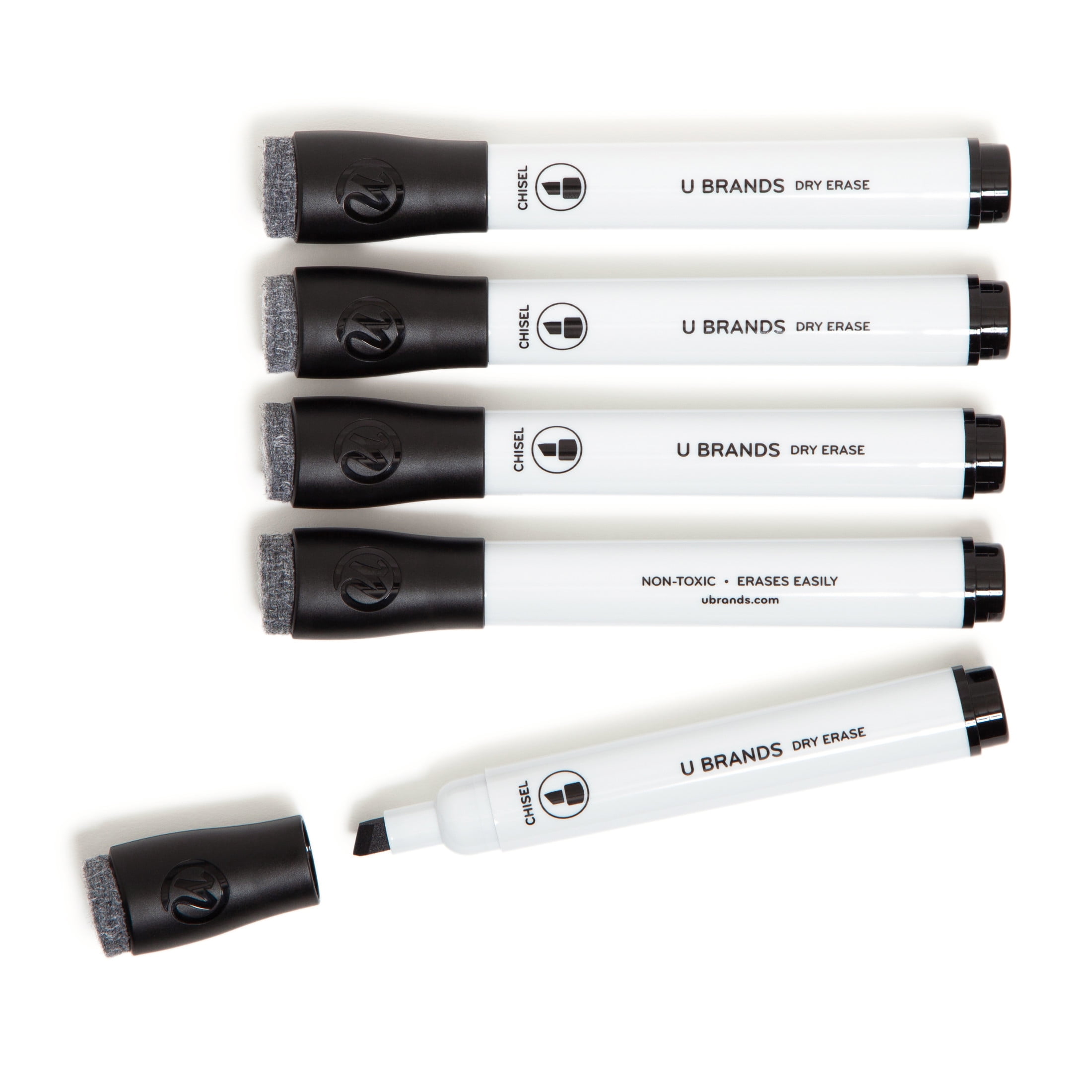 (2 pack) U Brands Dry Erase Markers, 5 Count, Black, Low-Odor, Chisel (5 mm) Tip