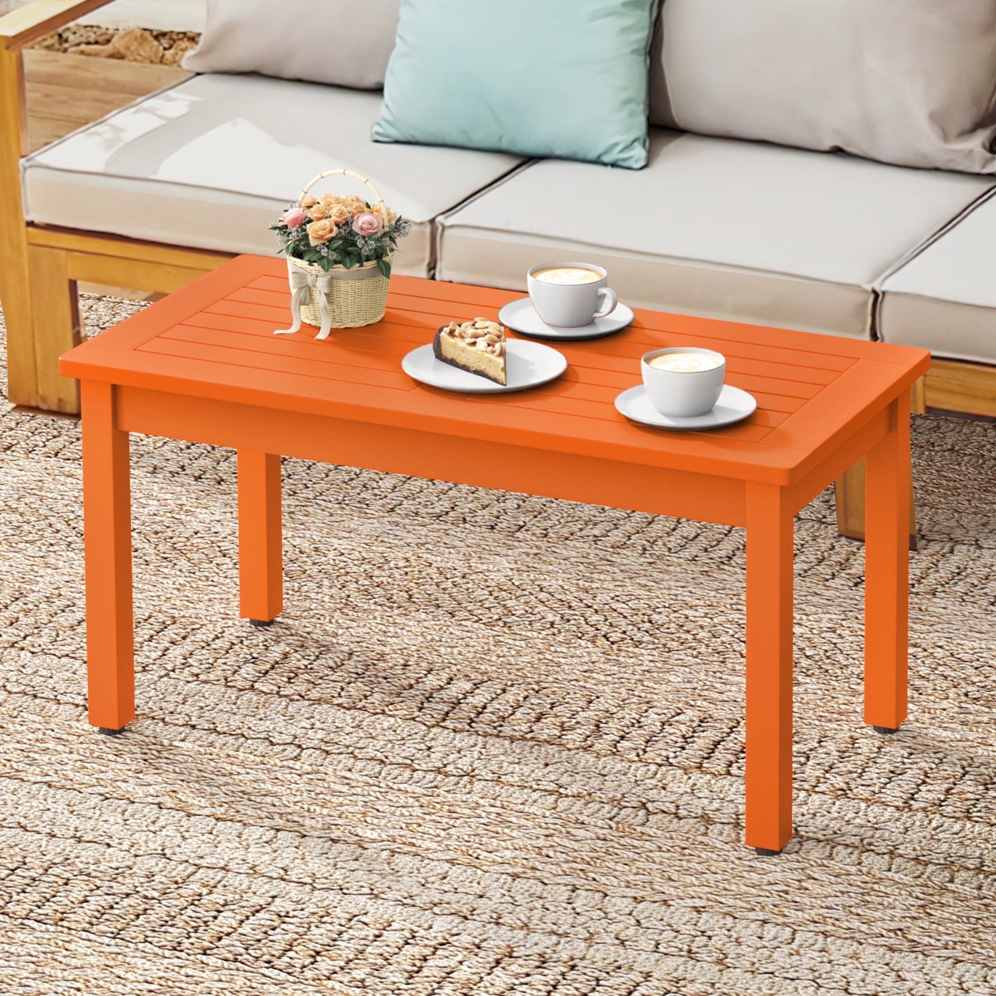 Dycanpo Outdoor Coffee Table Rectangle, HDPS Patio Tables for Outside, 17.7"x 35"x17.7", Orange
