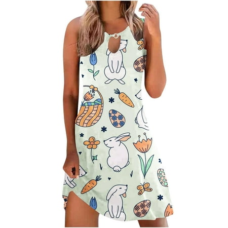 

jsaierl Womens Easter Dress Bunny Egg Print Summer Dresses Plus Size Sleeveless Midi Dress Boho Tank Dresses Happy Easter Gift for Women