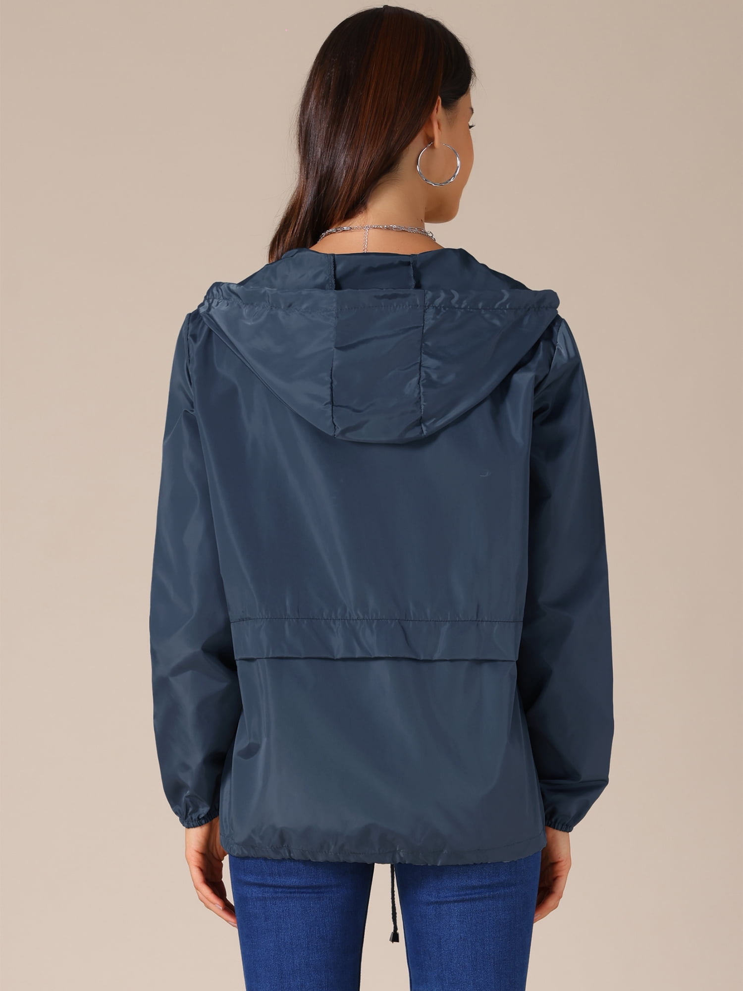 DARING DIVA Women's Lightweight Windbreaker Jacket with Hood Pockets M Navy Blue