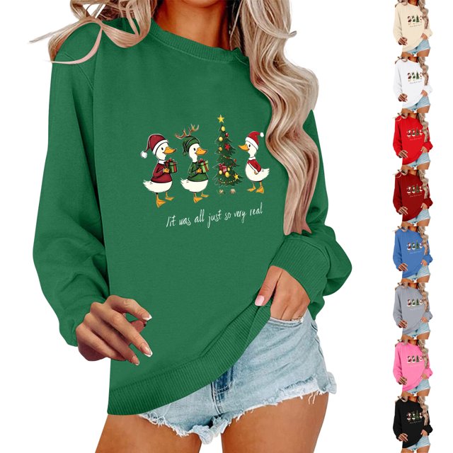 Meichang Sweat-Shirt de Noël pour Femmes Graphique de Noël Manches Longues Chandail en Molleton Mignon Col Rond Chandail Ample Famille Chandail en Molleton de Noël