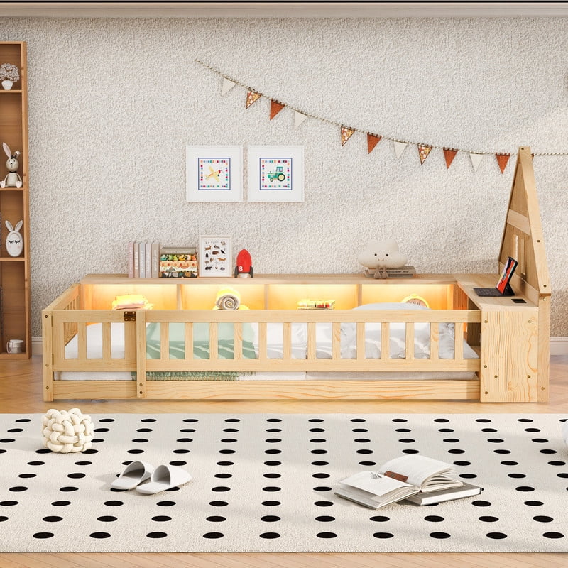 Twin Size Wood Floor Bed with Guardrail & Small Door, House-Shaped Bookcase Headboard Kids Platform Storage Bed with LED & Outlet