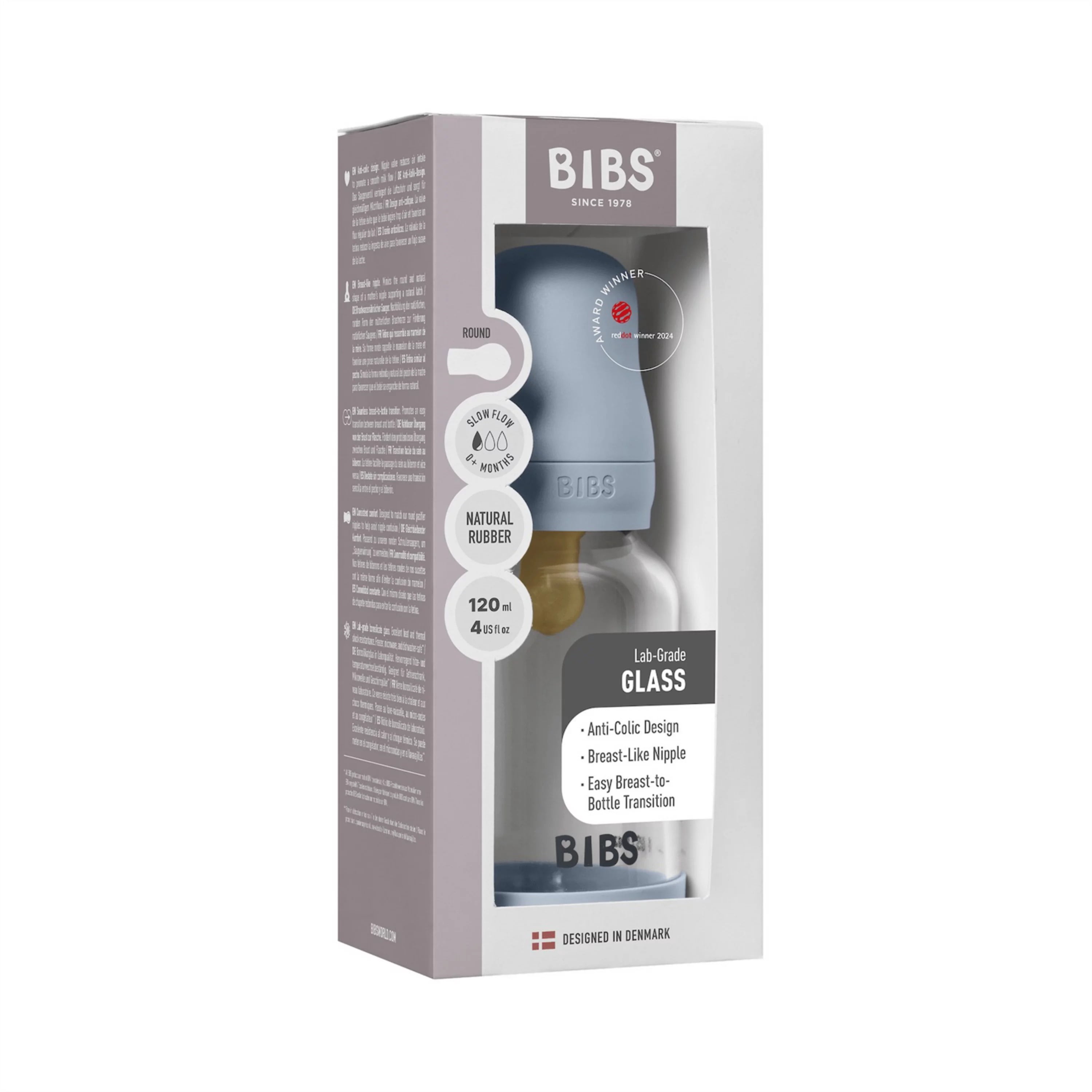 BIBS Glass Baby Bottle with Slow Flow Latex Nipple, 4 oz, Baby Blue, 1 Each
