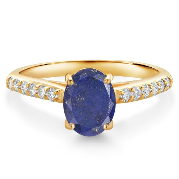 Gem Stone King 10K Yellow Gold Blue Lapis and White Lab Grown Diamond Engagement Ring for Women (1.58 Cttw, Oval 8X6MM, Gemstone Birthstone, Size 9)