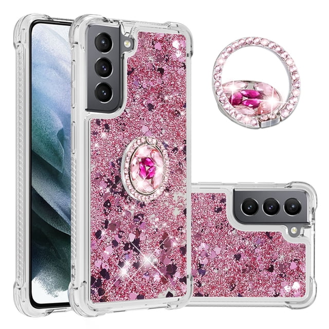 Funda para Samsung Galaxy S21 5G con Brillo Líquido Flotante, Purpurina, Parachoques y Anillo Giratorio Soporte