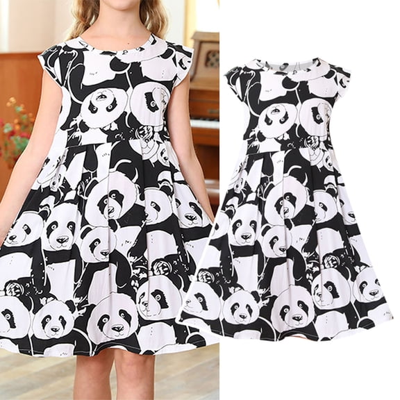 Weebloom Dress For Girls Summer Cute Panda Pattern Short Sleeve Round Neck School Party Fashion Casual Dress White Girls Dresses