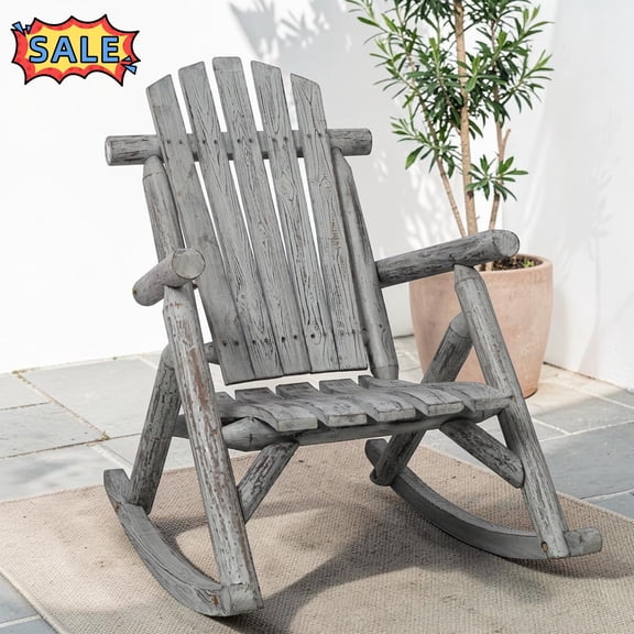 Tcbosik Wooden Rocking Chair, Outdoor Rocker with High Back, Accent Lounge Chair for Patio, Garden, Porch, Backyard, Light Gray