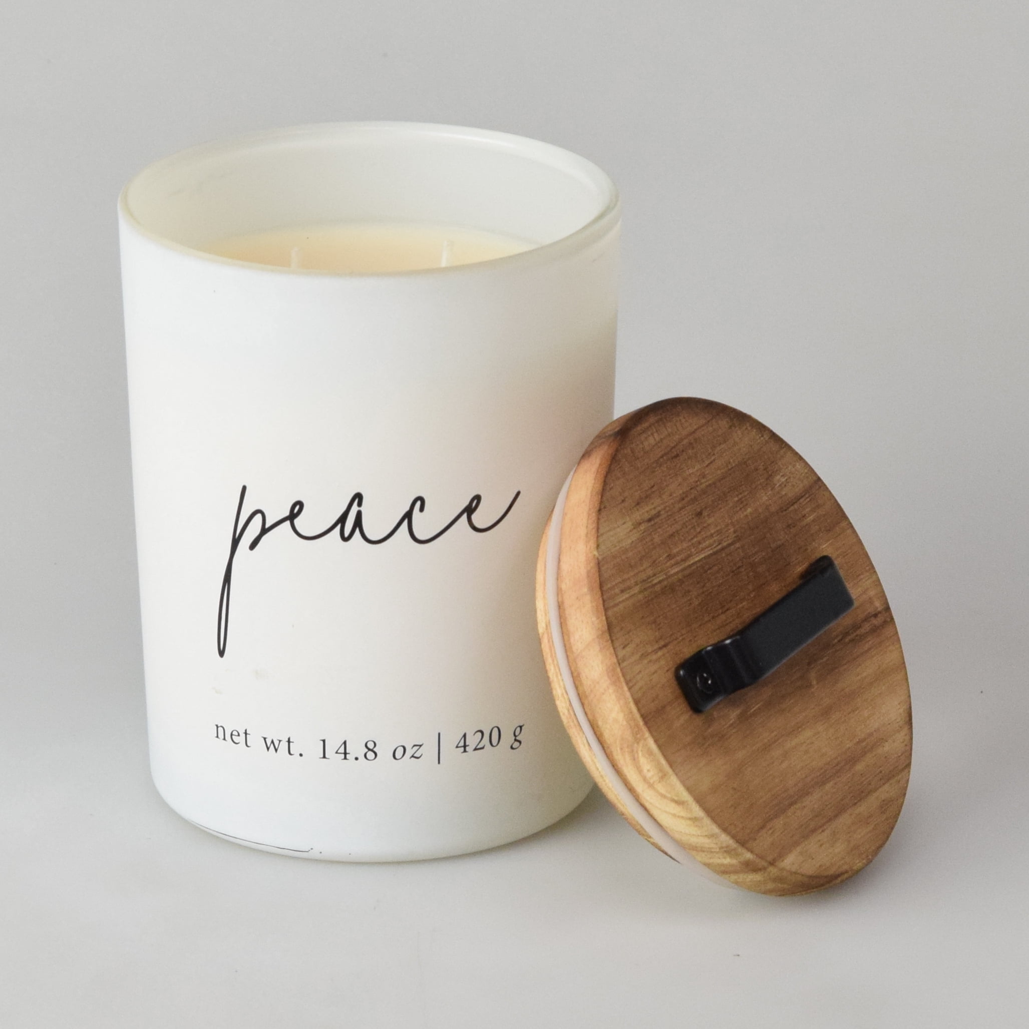 Better Homes & Gardens Farmhouse Sentiments Peace Patchouli & Balsam Scented 2-Wick Candle Jar with Wood Lid & Metal Handle 14.8oz