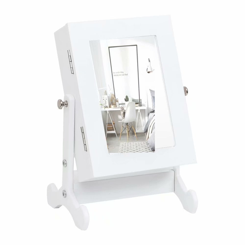 Shuishui Small Mirror Jewelry Cabinet Organizer Armoire Storage Box Countertop with Stand White 