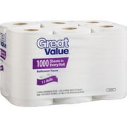 Great Value Bathroom Tissue, 1000 sheets, 12 rolls