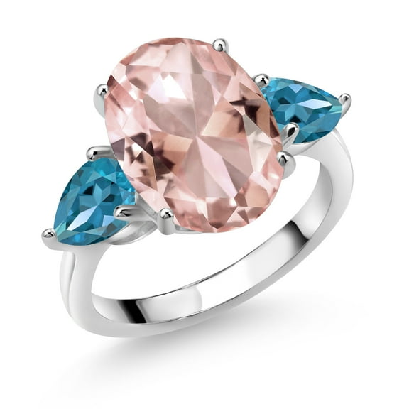 Gem Stone King 925 Sterling Silver Peach Nano Morganite and London Blue Topaz Ring for Women (10.74 Cttw, 14X10MM Oval and 7X5MM Pear Shape, Gemstone October Birthstone, Size 6)