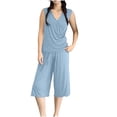thumbnail image 4 of TEAJOPSUU Women's Soft Pajama Set Lightweight Cozy Cotton Blend Pajamas Draped Cowl Neck Sleeveless Top & Drawstring Ruffle Hem Capri Pants Summer Comfy 2 Piece Loungewear Sleepwear A-Light Blue, 4 of 5