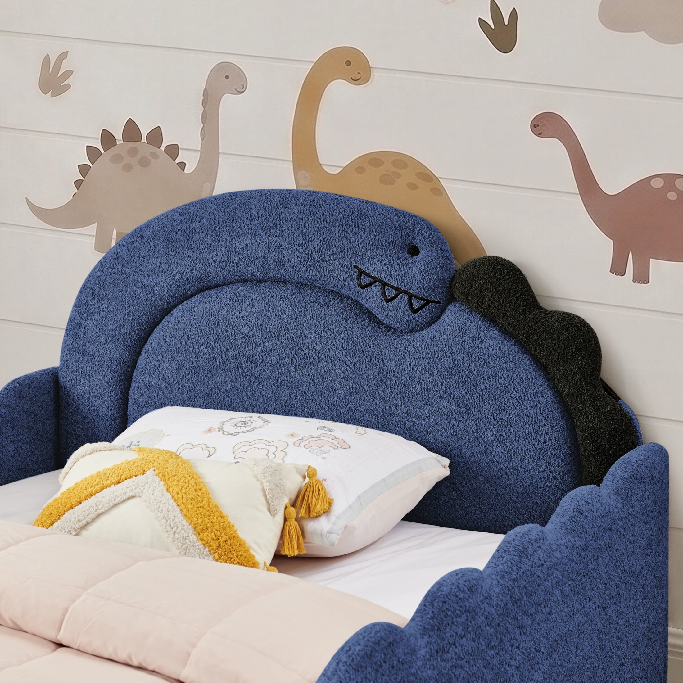 GDF Studio Full Size Cute Dinosaur Bed with Safety Guardrails & Solid Wood Frame, Boucle Fabric Upholstered Bed, Navy