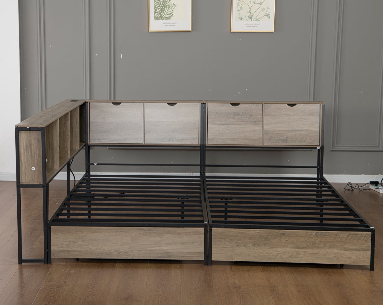 2 x Twin Size Metal Platform Bed Frame with Storage Headboard, Detachable Daybed with LED Lights, Drawers and Side Shelves