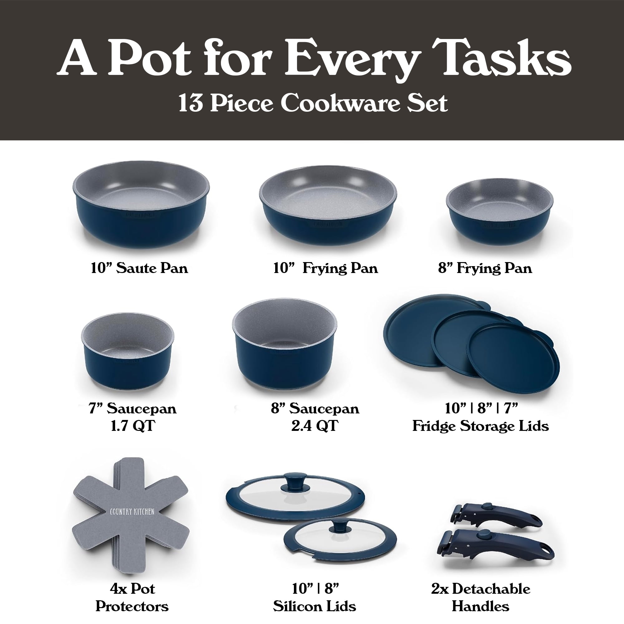 Country Kitchen Pots and Pans Cookware Set, 16-Piece, Ceramic Coated, Removable Handle, Denim