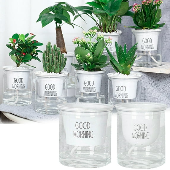 Travelwant 2 Pcs/Set Small Plant Pots, Double Tier Hydroponic Epipremnum Aureum Self-Watering Flowerpot for Home Office Decoration - Flat Bottom&Round Buttom