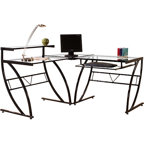 Florence LShaped Glass Desk, Black and Clear