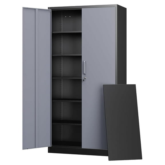 Metal Storage Cabinet with Lock Door and 5 Shelves,6 Tier Steel Garage Tool Cabinet for Home Office Utility Room 72" H X 36" W X18 D (Black Gray)