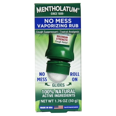 Mentholatum No Mess Vaporizing Rub, Maximum Strength Cough Suppressant, No Mess Gliding Roll-On with 100% Natural Active Ingredients, 1.76 oz