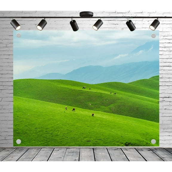7x5ft Outdoor Background Green Rolling Hills Grazing Animals Misty Mountains Scenic Wedding Photoshoot Birthday Party Photography Backdrop