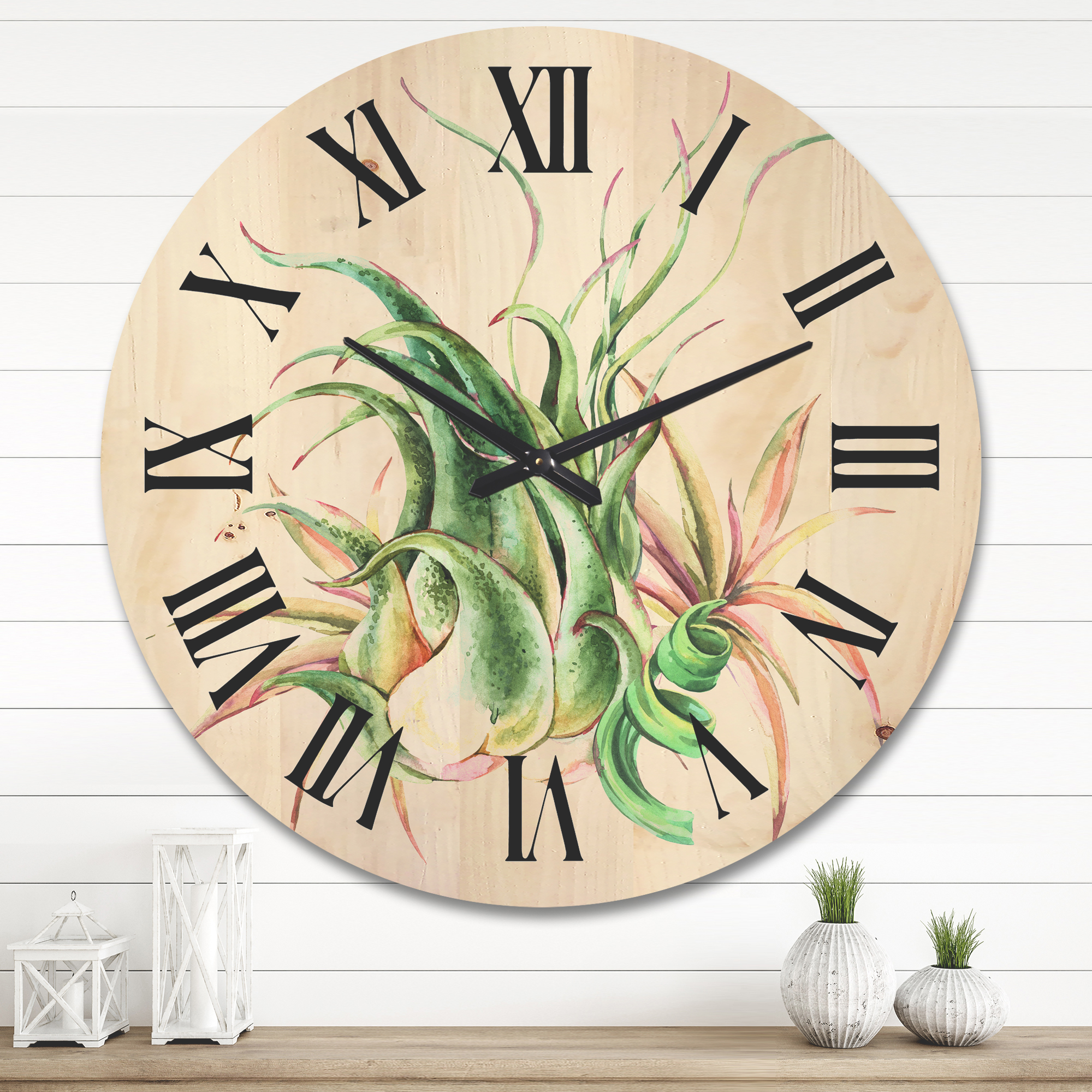 Designart 'Tropical Leaves Air Plant Succulent On White' Farmhouse Wood Wall Clock