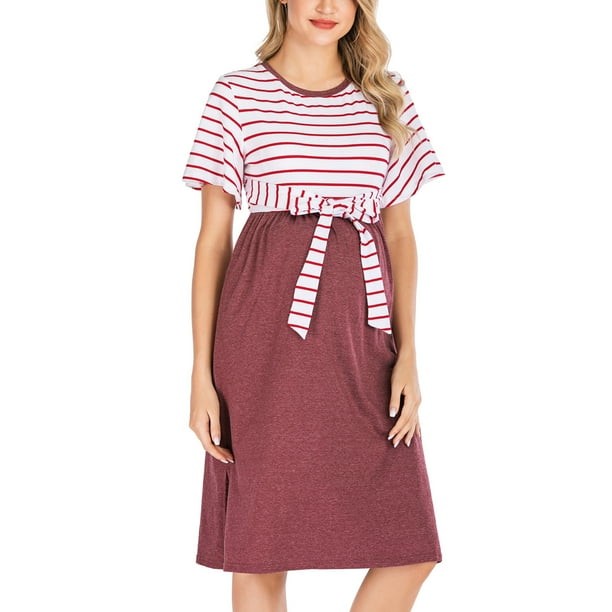 onlyliua Maternity Clothes Pregnant Women Clothes Round Neck Short sleeved Striped Casual Dress Holiday Deals Walmart