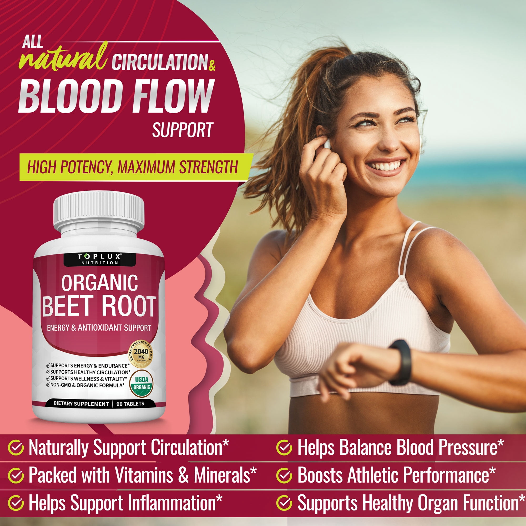 Toplux Organic Beet Root Capsules 2040mg Beet Root Supplement Support Circulation Heart Health 90 Tablets