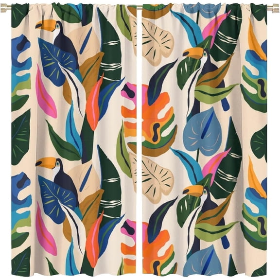 Tropical Jungle Blackout Curtains Colorful Abstract Leaves Botanical Cartoon Cute Toucan Birds Bedroom Living Room Rod Pocket Decoration Window Drapes 2 Panels W42xL54in
