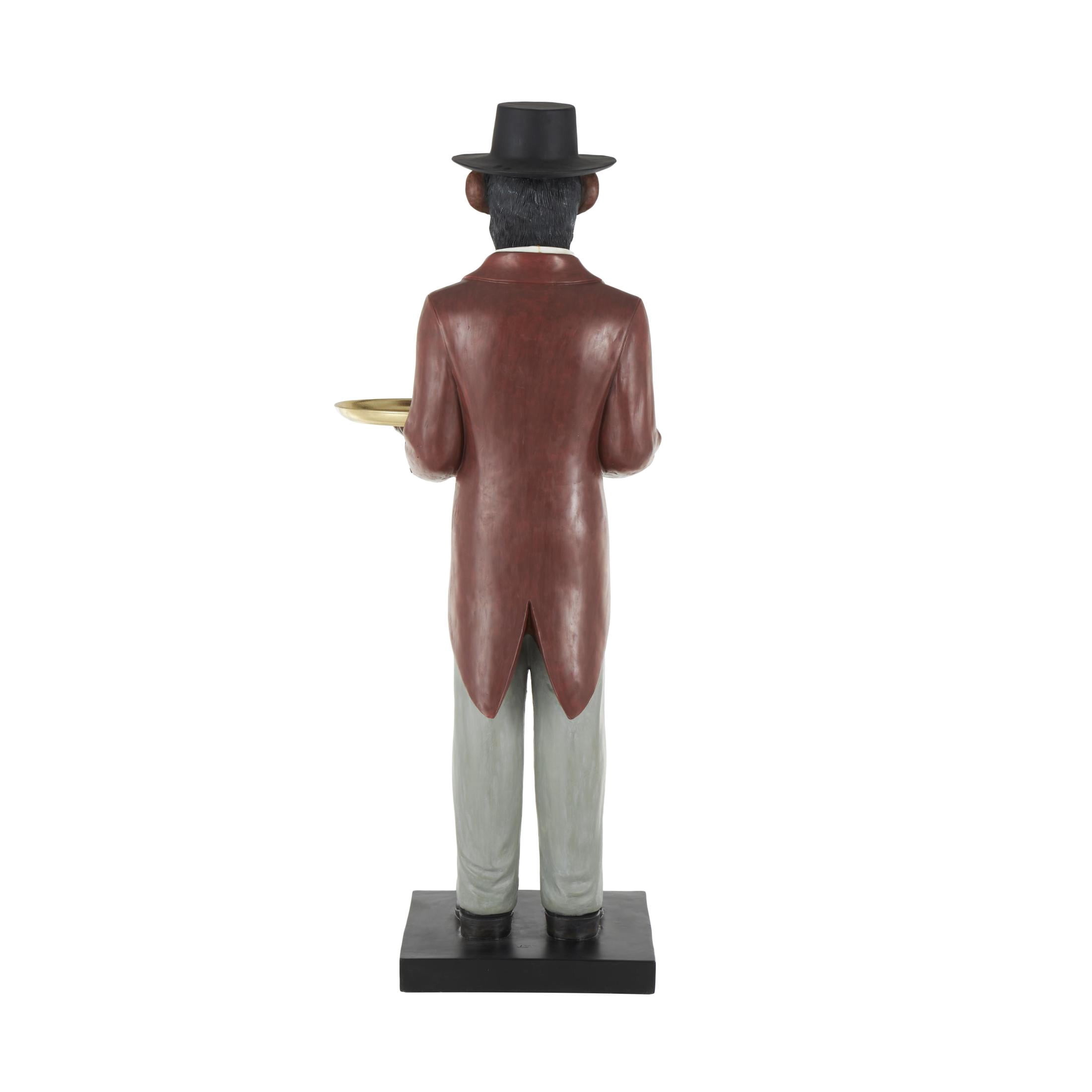 24" x 64" Red Resin Tall Waiter Monkey Sculpture with Gold Accent and Square Base, by DecMode