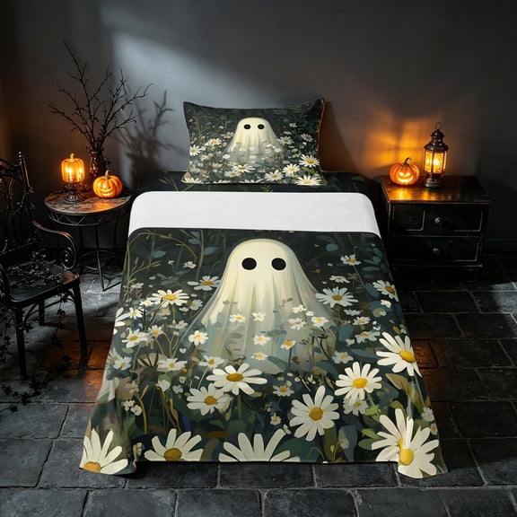 Homewish Halloween Ghost Twin Sheets, Daisy Flower Bedding, Dark Sage Off White, 3 Pieces (1 Flat Sheet, 1 Fitted Sheet and 1 Pillowcase)
