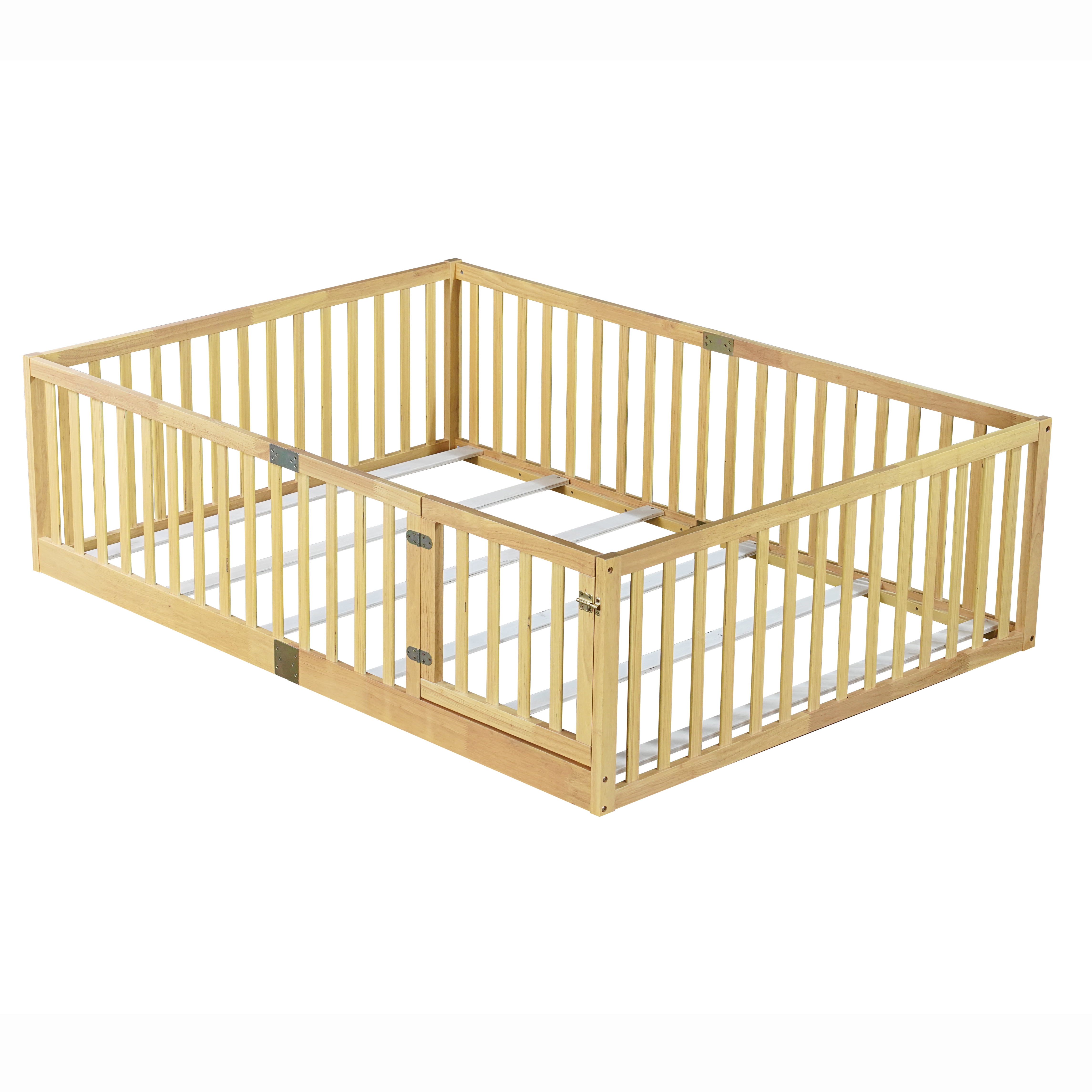 Holaki Wood Full Size Floor Bed with High Fence Railings for Kids, Oak