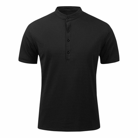 IYTR Mens Short Sleeve Shirts Leisure Solid Color Classic Tshirt Mens T Shirts Loose Business Casual Button Stand Collar Fashion Blouses(Black,XXL)