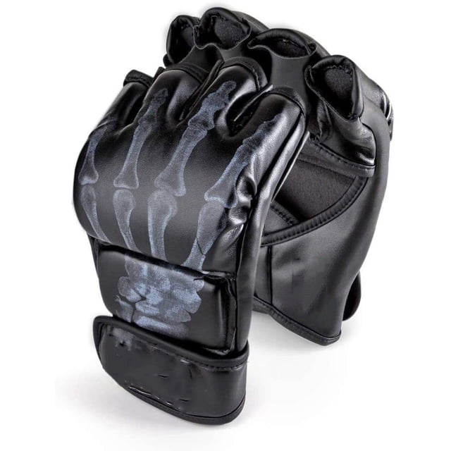 Gants MMA, Gants de Combat de Boxe à Demi-Doigt Mitaines MMA avec Bande de Poignet Ajustable Gants UFC pour Entraînement de Sac de Frappe en Sable (Taille Unique Convient à la Plupart) - g-Black