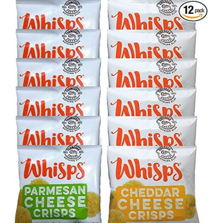 Cheese Snacks - Keto Snacks, Cello Whisps Cheese Crisps, Single Serve Bags, 6 Parmesan and 6 Cheddar, Low Carb, .63 oz.