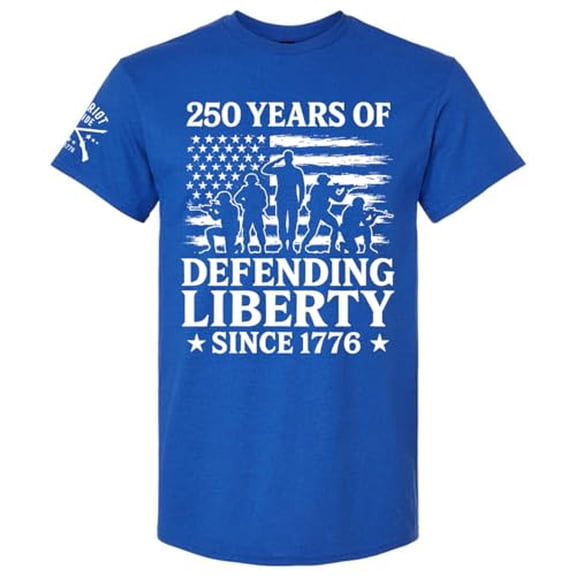 Patriot Pride Men's Graphic T-Shirt - Soliders in American Flag, 250 Years of Defending Liberty Since 1776 Design-Antique Royal-Small