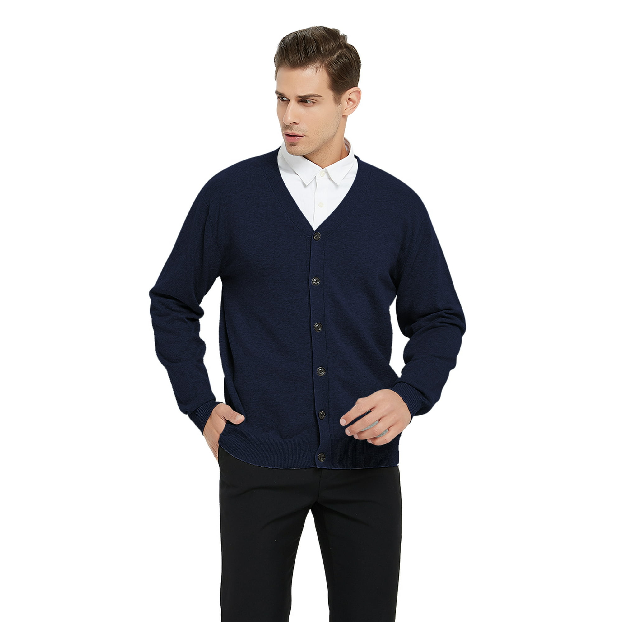 TOPTIE Men s Sweater Cardigan Casual Fit V Neck Cotton Navy XL Walmart