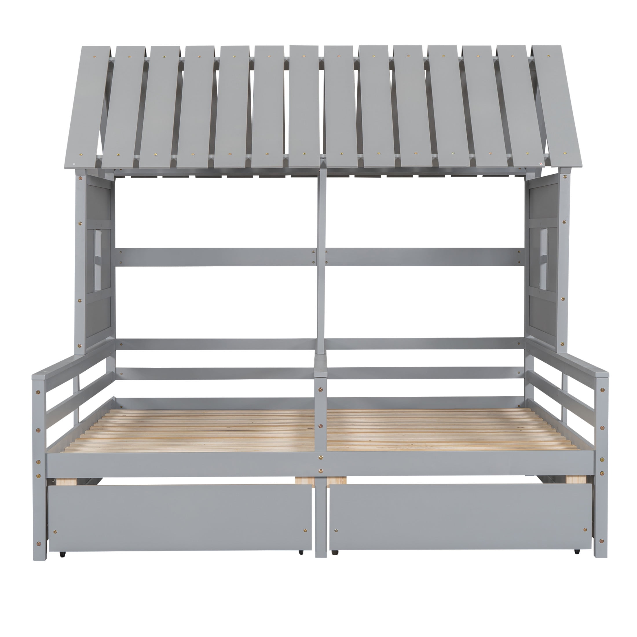 Noble House Junton Dual Twin Size House Platform Bed for Shared Rooms, 2 Side-by-Side Beds with Drawers, Gray