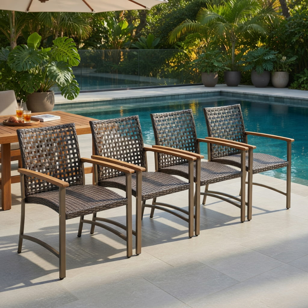 Hommoo Set of 4 Outdoor Rattan Dining Chairs with Acacia Wood Armrests, Weather-Resistant PE Wicker & Powder-Coated Metal Frame for Patio, Backyard, Poolside & Balcony, Brown