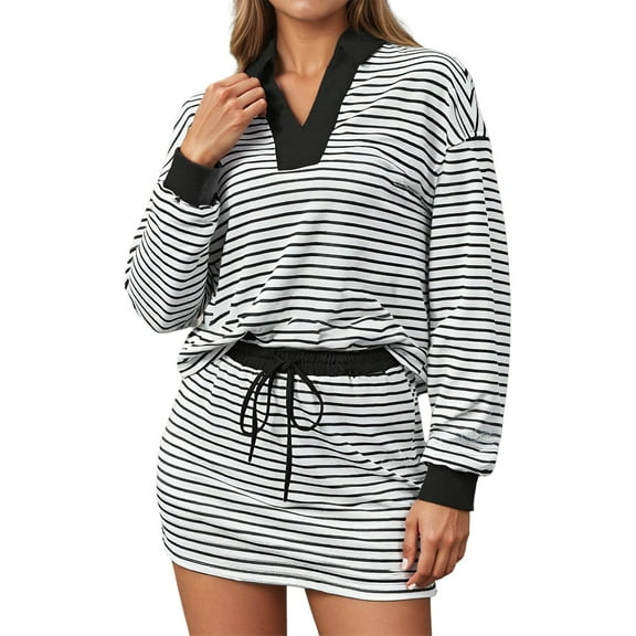 DHFJKG Striped 2 Piece Outfits For Women Casual Jogger Skirt Sets Turndown Collar Long Sleeve Top Drawstring Mini Skirts Loungewear Matching Set Holiday Outfit