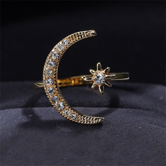 Yatlte Moon Ring, Sterling Silver Moon Star Rings for Women Crescent Ring, Star Jewelry Gifts Adjustable Open Ring, Sterling Silver Crescent Moon and Star Ring