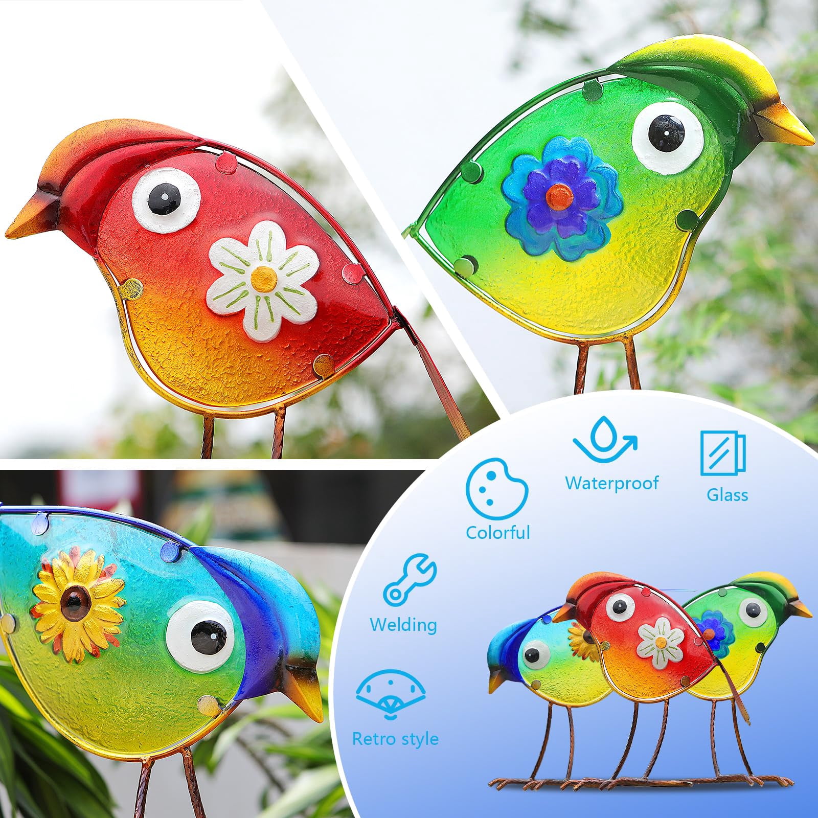 Bird Garden Decor For Outside  Glass & Metal Yard Art Decorations Outdoor Patio Backyard Gift Women Grandma Mom(3 Pack)